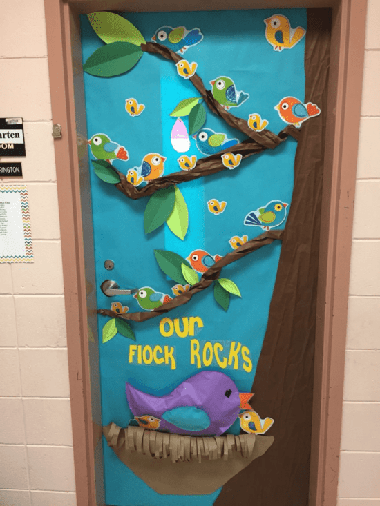 Classroom door decorated with flowers