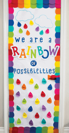 Classroom door decorated with raindrops and rainbow