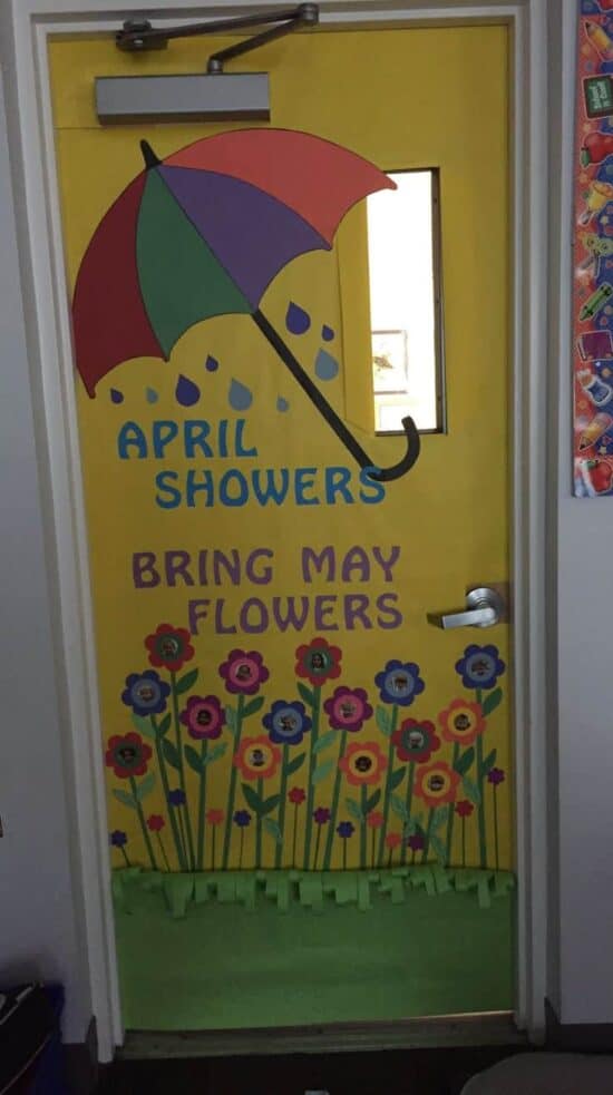 Classroom door decorated with april showers