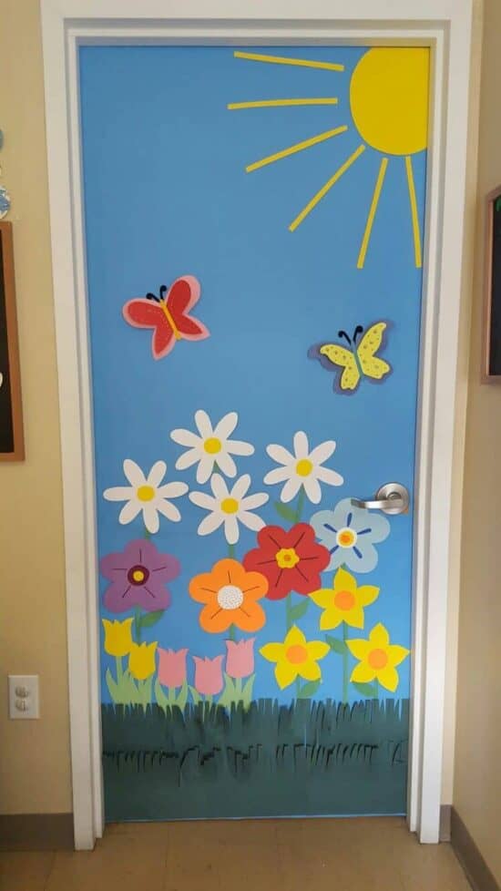 Classroom door decorated with flowers