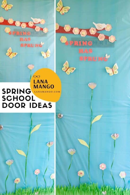 Class door spring decor with flowers and bird